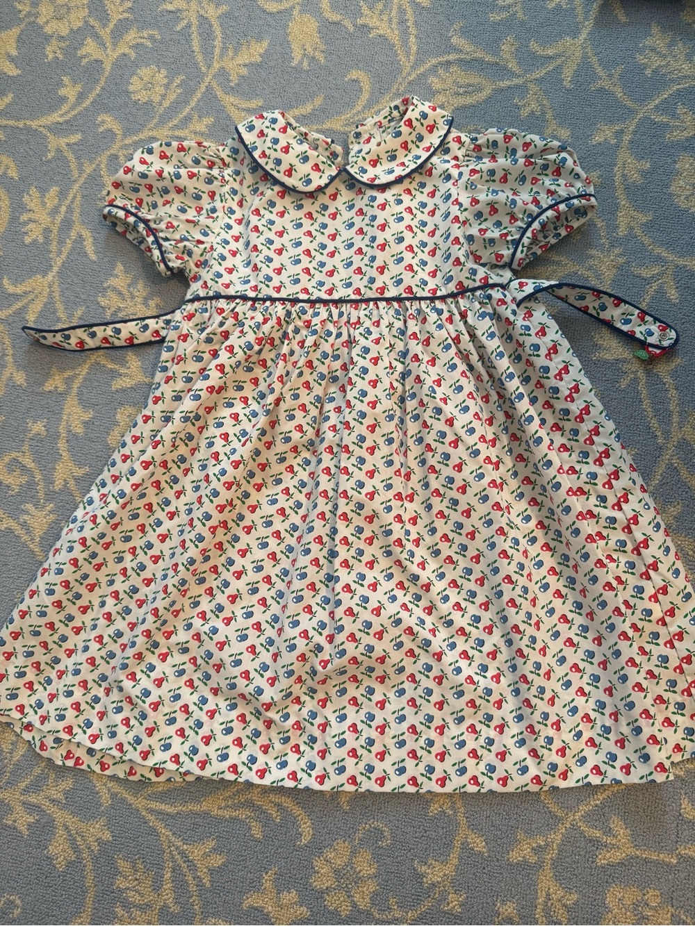 Little English White Dress with Red & Blue Cherry Print